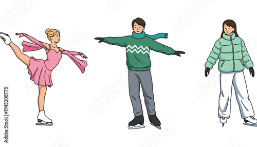 Ice skater vector illustration of a man and two women skating