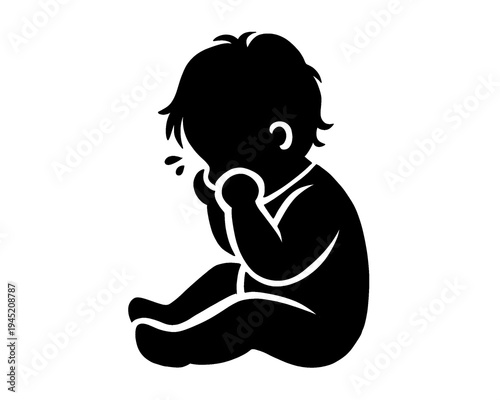 Silhouette of a little boy sitting crying and sobbing, vector illustration, icon isolated on white background.
