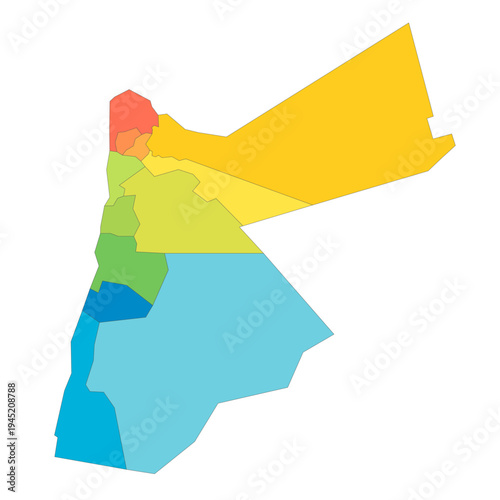 Jordan political map of administrative divisions - governorates. Rainbow spectrum colorful blank vector map.