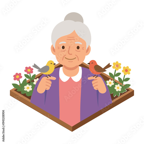 Elderly woman smiling with birds on her shoulders in a garden