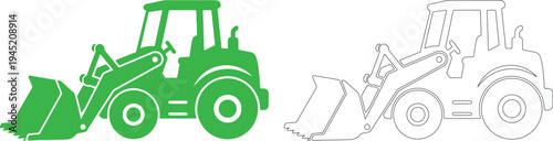 Green and white line tiny bucket loader tractor silhouettes
