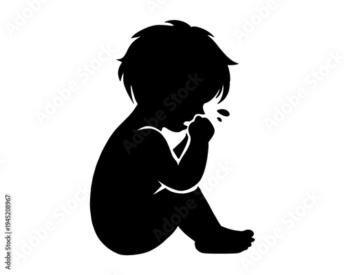 silhouette of a little boy sitting while crying, vector illustration, icon isolated on a white background
