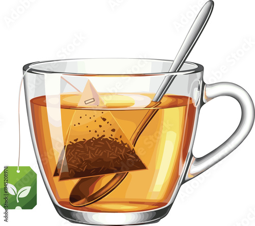 Glass Cup of Hot Tea with Teabag and Spoon Realistic Beverage Illustration for Cafe Menu, Breakfast Drink, Relaxation, and Healthy Lifestyle Concept