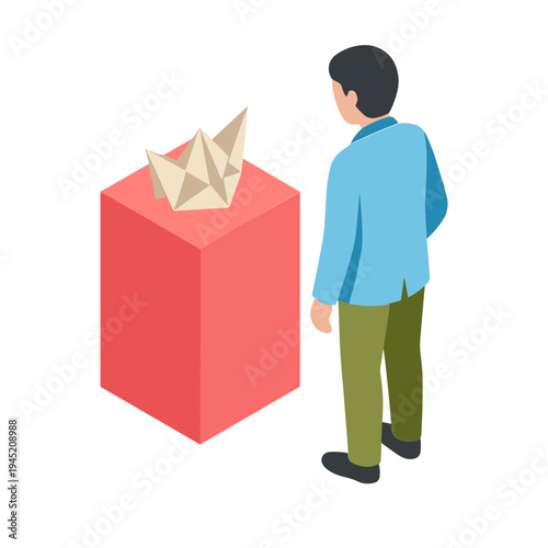 Man casting ballot into red box with papers inside office