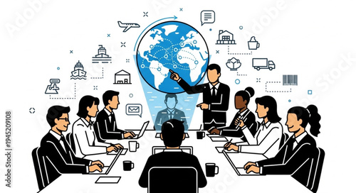 Global Business Strategy Meeting with International Team and World Map.