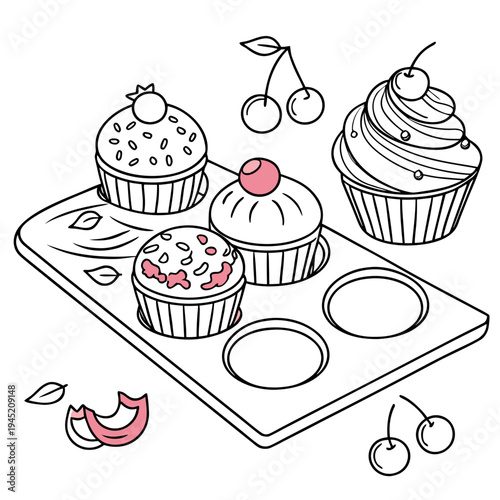 Cupcakes in baking tray with cherries illustration with includes a bitten