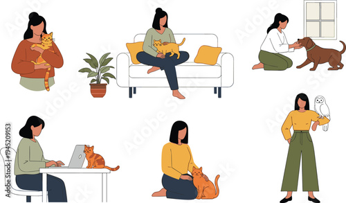 Woman with Pets Lifestyle Illustration Set Featuring Female Characters Sitting, Working, and Playing with Cat, Dog, and Owl in Cozy Home Scenes