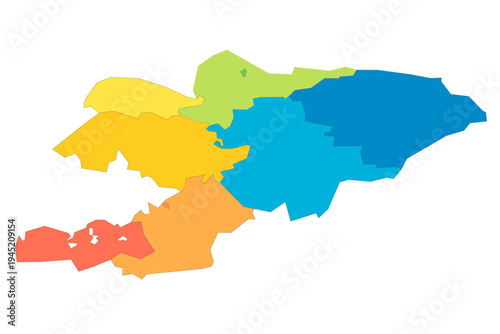 Kyrgyzstan political map of administrative divisions - regions and independent cities of Bishkek and Osh. Rainbow spectrum colorful blank vector map.