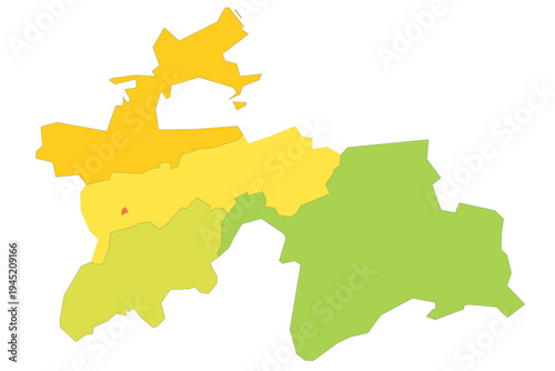 Tajikistan political map of administrative divisions - regions, autonomous region of Gorno-Badakhshan, districts of Republican Subordination and capital city of Dushanbe. Rainbow spectrum colorful