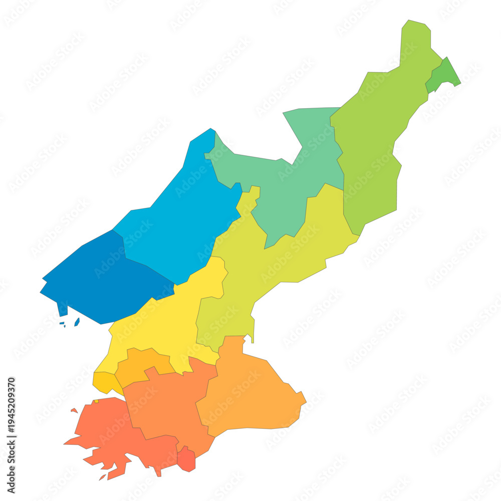 Fototapeta premium North Korea political map of administrative divisions - provinces. Rainbow spectrum colorful blank vector map.