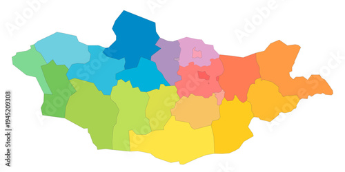Mongolia political map of administrative divisions - provinces and khot Ulaanbaatar. Rainbow spectrum colorful blank vector map.