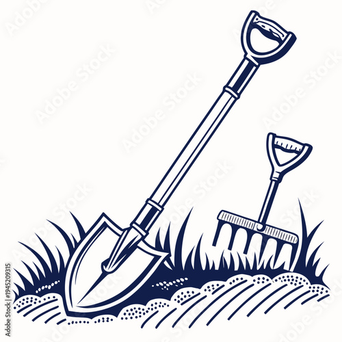 Gardening shovel and rake in soil illustration with gardening tools