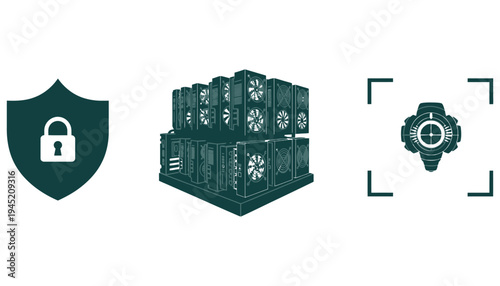 Secure server room with shield and camera surveillance illustration