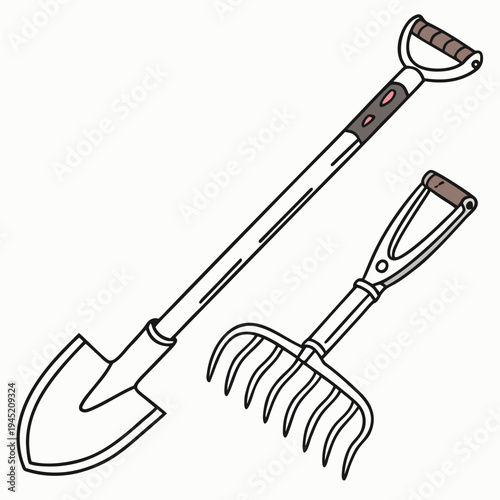 Shovel and hand rake on white background with gardening tool