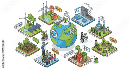 Isometric Illustration of Sustainable Development and Environmental Conservation.