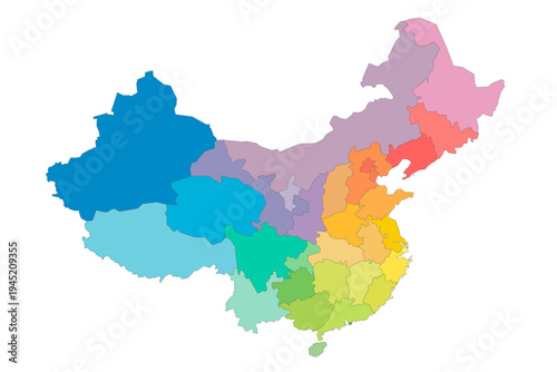 China political map of administrative divisions - provinces, autonomous regions and municipalities. Rainbow spectrum colorful blank vector map.
