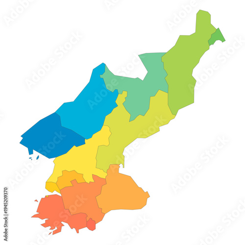 North Korea political map of administrative divisions - provinces. Rainbow spectrum colorful blank vector map.