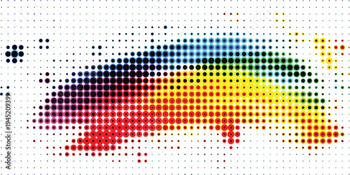 Abstract Rainbow Halftone Dots Forming a Dynamic Shape.