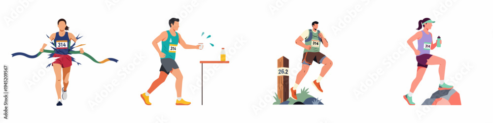 Fototapeta premium Set of diverse marathon runners illustrating various race stages like crossing the finish line, hydrating at a water station, and trail running uphill.