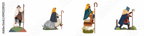 Set of diverse shepherd characters in flat illustration style, including men and women with staffs, sheep, and traditional clothing on a white background.
