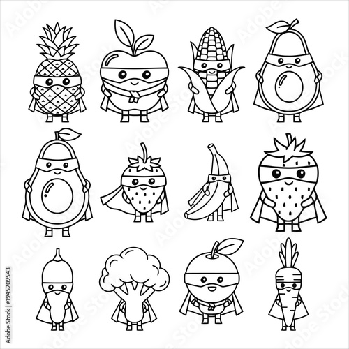 Kawaii Superhero Fruit and Vegetable Outline Set Vector Illustration