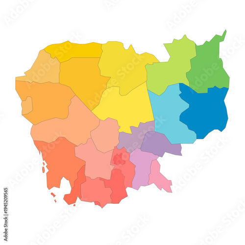 Cambodia political map of administrative divisions - provinces and autonomous municipality of Phnom Penh. Rainbow spectrum colorful blank vector map.