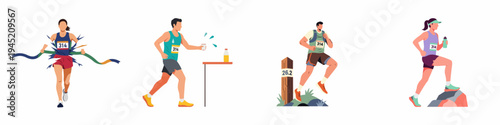 Set of diverse marathon runners illustrating various race stages like crossing the finish line, hydrating at a water station, and trail running uphill.