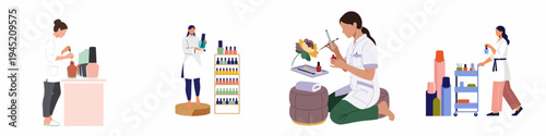Flat vector illustrations of professional manicurists and nail technicians working with various nail polish bottles and equipment in a beauty salon setting.