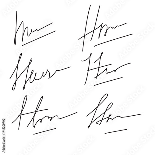 Set of different fake autographs and signatures, mimicking authenticity for certificates, letters or documents, featuring handcrafted doodles and scribbles, vector illustration in eps 10.