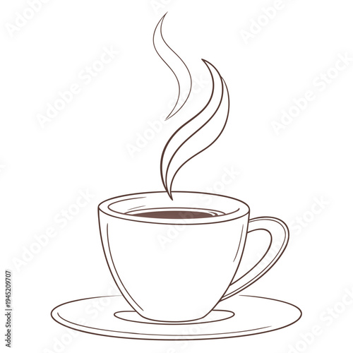 Steaming cup of coffee on a saucer, outline illustration, wake up