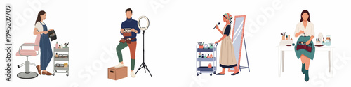 Diverse set of professional makeup artists with equipment including brushes, ring light, and beauty trolleys in a modern flat vector illustration style.