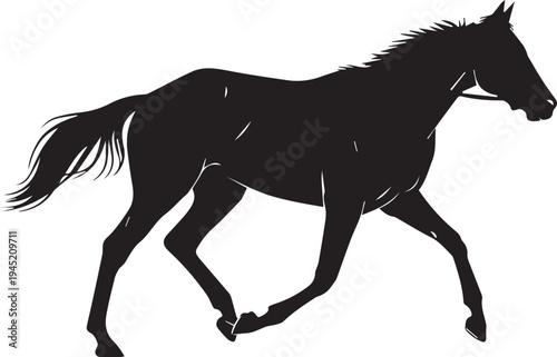 Galloping horse running at full speed in side view vector silhouette line art illustration