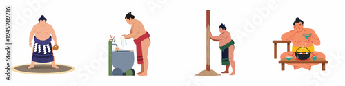 Set of flat illustrations depicting the daily life and training rituals of a Japanese sumo wrestler on a white background.