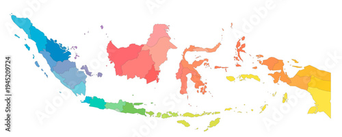 Indonesia political map of administrative divisions - provinces and special regions. Rainbow spectrum colorful blank vector map.
