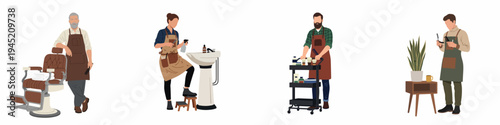 Professional Barber and Hairdresser Characters Set with Salon Equipment, Vintage Barber Chair, and Shaving Tools in a Flat Illustration Style