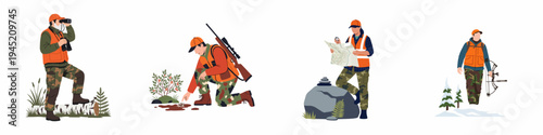 Set of hunters engaged in various outdoor hunting activities including scouting with binoculars, tracking animal footprints, navigating with a map, and winter bow hunting.