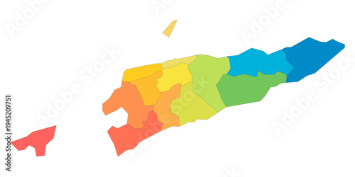 East Timor political map of administrative divisions - municipalities and Special Administrative Region Oecusse-Ambeno. Rainbow spectrum colorful blank vector map.