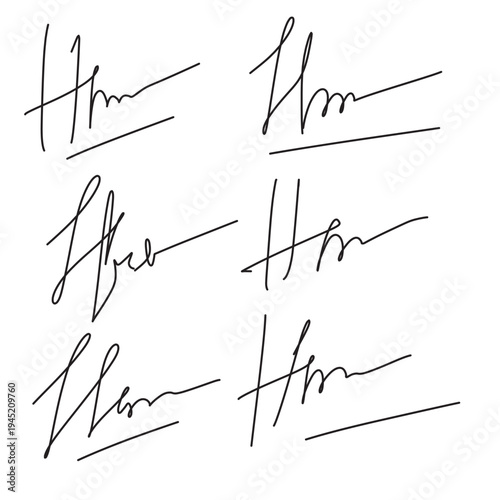 Set of different fake autographs and signatures, mimicking authenticity for certificates, letters or documents, featuring handcrafted doodles and scribbles, vector illustration in eps 10.