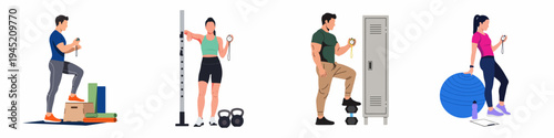 Diverse people in sports clothing using stopwatches in gym settings with various fitness equipment, flat vector illustration set.