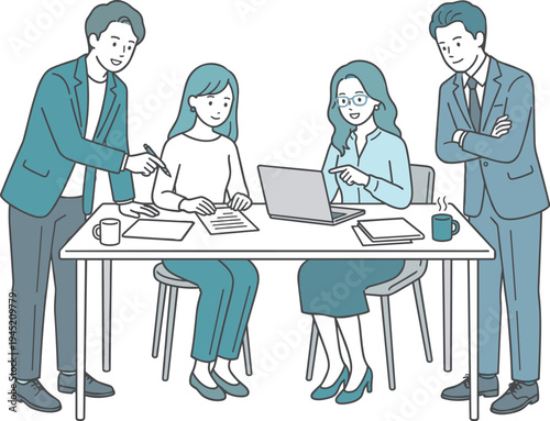 資料を確認しながら意見交換するビジネスチームのミーティングイラスト