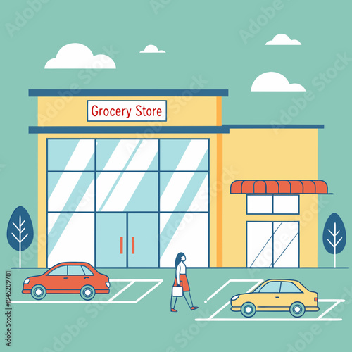Grocery store building with parking lot and pedestrian with suitable for