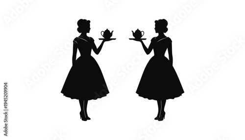 Waitress silhouette vector illustration of two women serving tea