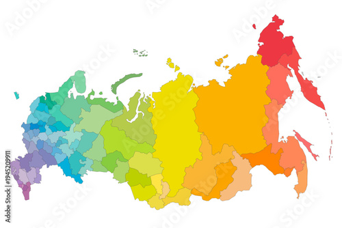 Russia political map of administrative divisions - oblasts, republics, autonomous okrugs, krais, autonomous oblast and 2 federal cities of Moscow and Saint Petersburg. Rainbow spectrum colorful blank