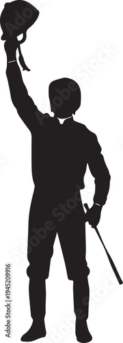 Jockey with horse racing helmet and whip up in air vector silhouette illustration