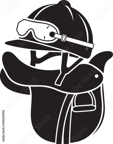 Professional jockey riding gear with helmet goggles and saddle vector silhouette illustration