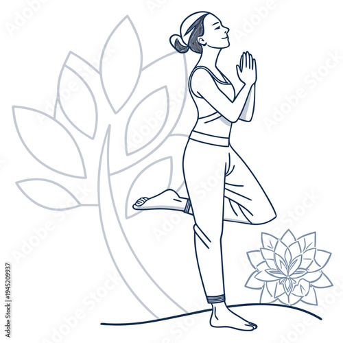 Woman in yoga tree pose with line art