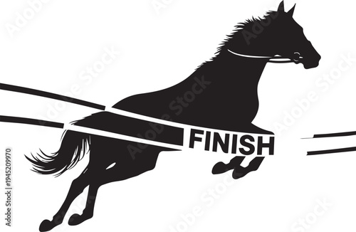 Winning horse crossing finish line at racing track vector silhouette line art illustration