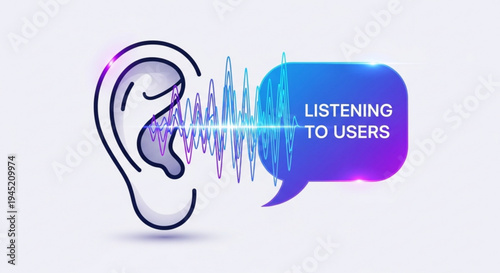 Human ear with sound wave and speech bubble saying listening to users symbolizing customer feedback and active listening