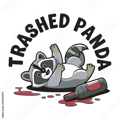 Trashed panda raccoon with spilled wine bottle and red puddle illustration