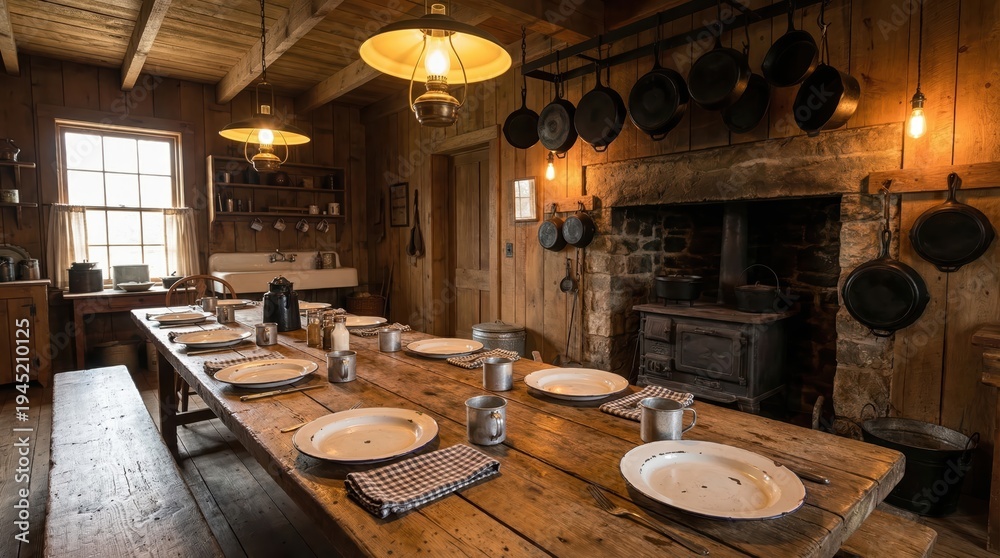 Obraz premium Rustic wooden kitchen with long table set for dinner in cozy cabin interior with vintage lighting and brick fireplace
